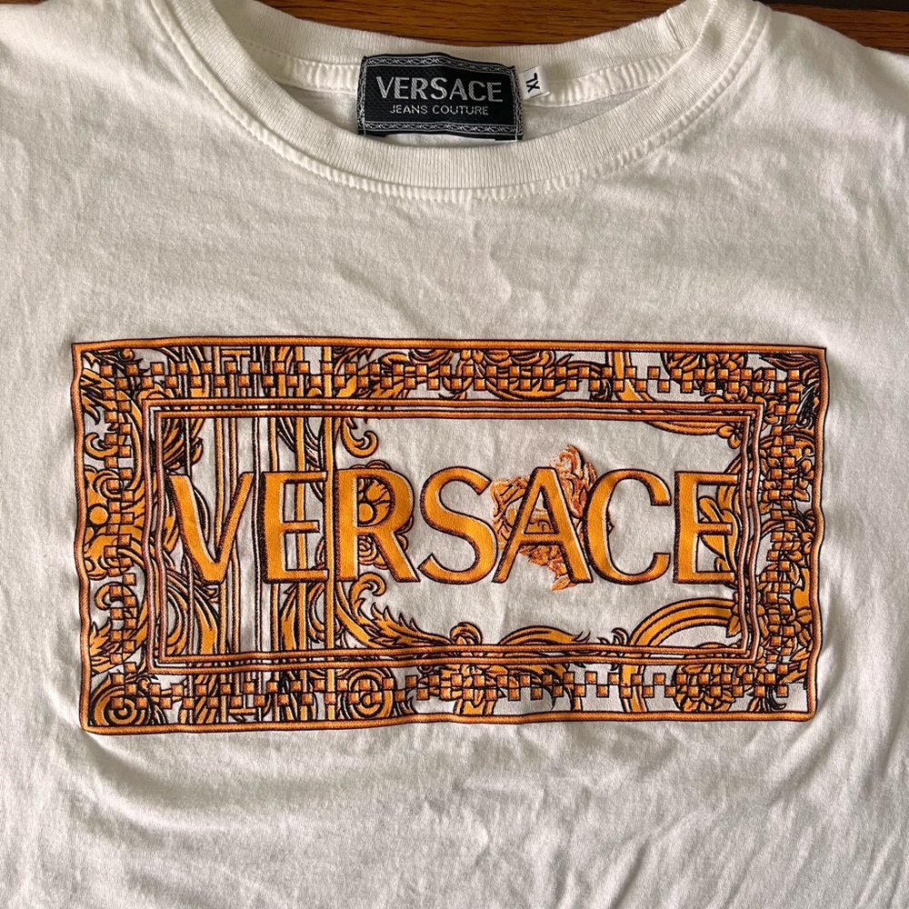 Versace White Tee with Orange Baroque Design